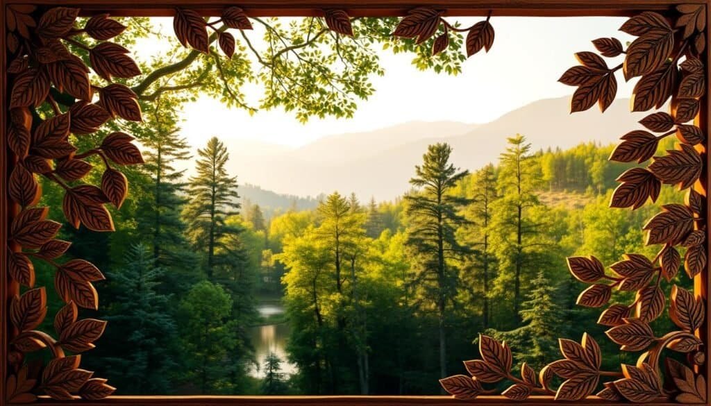 A nature-inspired wall art piece showcasing a tranquil forest scene. In the foreground, intricate wooden frames carved with intricate leaf patterns and textures, creating a 3D effect. The middle ground features a lush, verdant forest with towering trees, dappled sunlight filtering through the canopy, and a serene pond reflecting the surrounding foliage. In the background, hazy mountains rise, bathed in a warm, golden glow. The overall composition evokes a sense of harmony and connection with the natural world, perfect for a peaceful, nature-inspired home decor accent. A nature-inspired wall art piece showcasing a tranquil forest scene. In the foreground, intricate wooden frames carved with intricate leaf patterns and textures, creating a 3D effect. The middle ground features a lush, verdant forest with towering trees, dappled sunlight filtering through the canopy, and a serene pond reflecting the surrounding foliage. In the background, hazy mountains rise, bathed in a warm, golden glow. The overall composition evokes a sense of harmony and connection with the natural world, perfect for a peaceful, nature-inspired home decor accent.