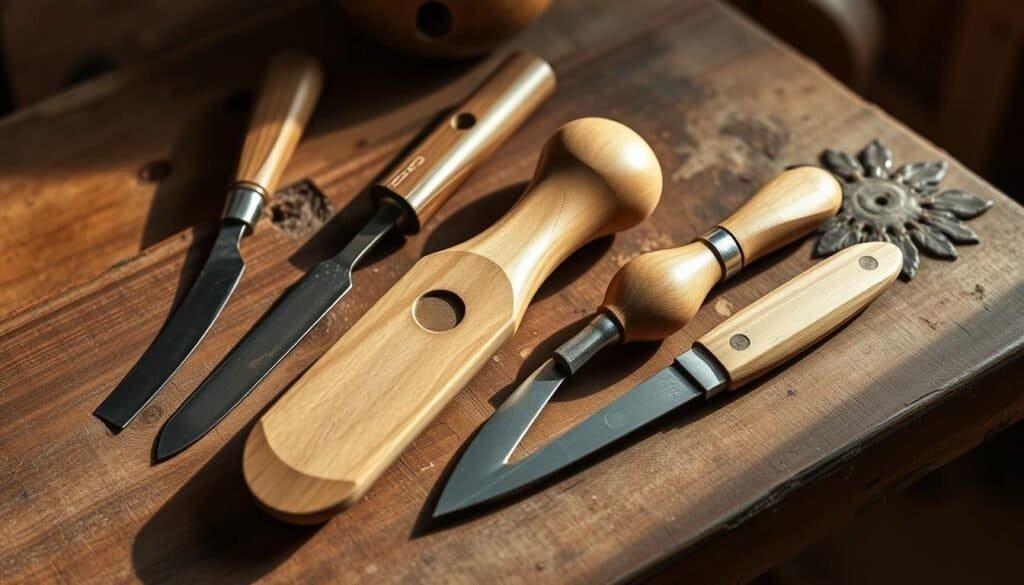 A neatly arranged assortment of traditional woodcarving tools, including a sharp v-gouge, a smooth-bladed skew chisel, a sturdy mallet, and a small whittling knife. The tools are placed on a weathered wooden workbench, bathed in soft, directional lighting that casts subtle shadows, highlighting their forms and textures. The background is a warm, rustic setting, with hints of natural wood grain and a sense of craftsmanship, evoking the calming atmosphere of a skilled wood carver's workshop.