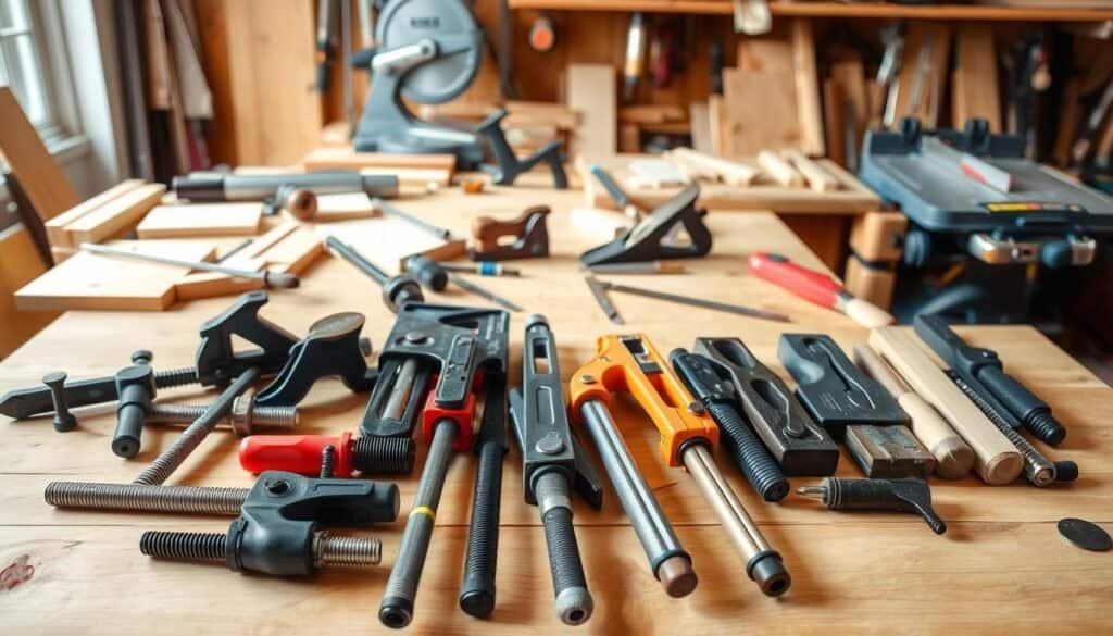 A neatly arranged collection of essential materials for constructing DIY woodworking jigs. In the foreground, a variety of clamps, including C-clamps, bar clamps, and corner clamps, are displayed on a wooden surface. In the middle ground, a selection of hand tools, such as a chisel, plane, and square, is visible. The background features a workbench with various wood scraps, a miter saw, and other woodworking tools, bathed in warm, natural lighting. The overall scene conveys a sense of organization, functionality, and the tools necessary for building custom jigs to enhance any woodworking project.