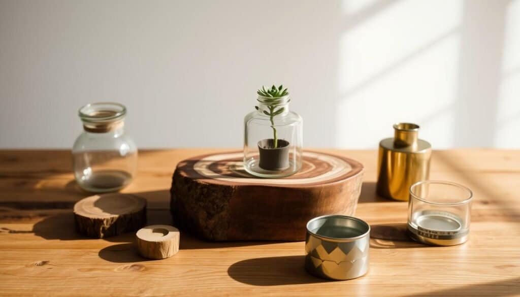 A neatly arranged tabletop vignette with natural wooden elements, glass, and metallic accents. A single focal point, such as a vintage glass bottle or a small potted succulent, rests atop a rustic wooden surface. Soft, diffused lighting casts warm shadows, creating an intimate, cozy atmosphere. The composition is balanced, with thoughtfully placed items that complement each other in color and texture. The overall scene conveys a sense of tranquility and simplicity, perfect for an article on quick, easy home décor projects.