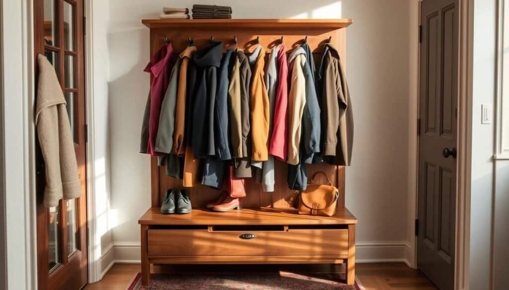 A neatly organized entryway with a custom wooden coat rack displaying a variety of coats, jackets, and accessories. The coats are arranged by color and size, creating a harmonious visual display. Warm, natural lighting casts a cozy glow, highlighting the rich wood tones and textures. The rack is positioned against a minimalist white wall, allowing the coats to be the focal point. In the foreground, a low bench provides additional storage and seating. The overall scene conveys a sense of order, simplicity, and functionality, perfectly suiting the article's theme of calming the entryway.