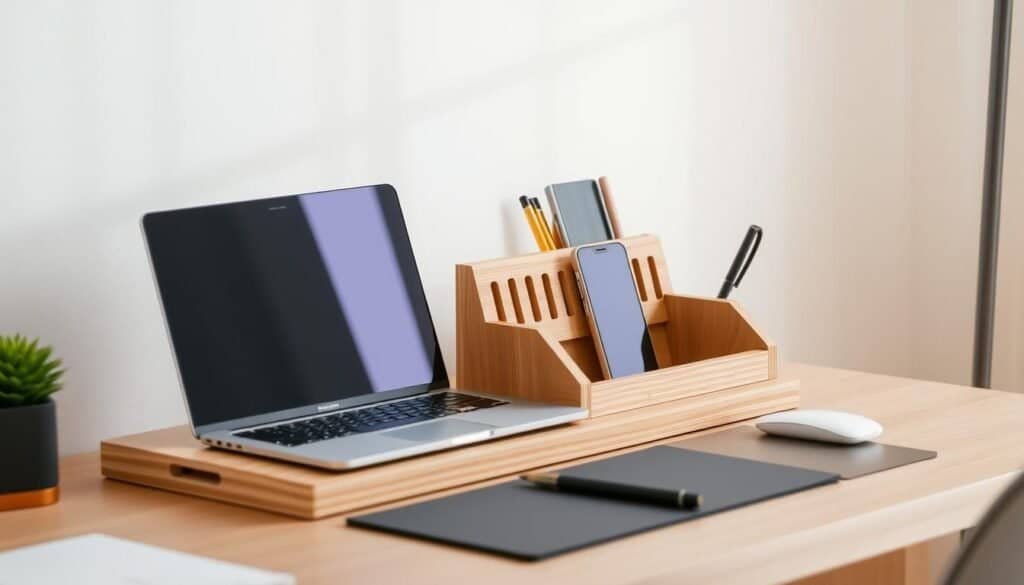 A neatly organized modern desk with a minimalist wooden desktop organizer. The organizer features clean lines, a slatted design, and a natural wood finish that complements the desk surface. The piece is positioned on the left side of the desk, providing ample space for a laptop, smartphone, and writing supplies. Soft, diffused lighting illuminates the scene, creating a warm and inviting atmosphere. The overall composition conveys a sense of order, functionality, and an appreciation for simple, well-crafted design.