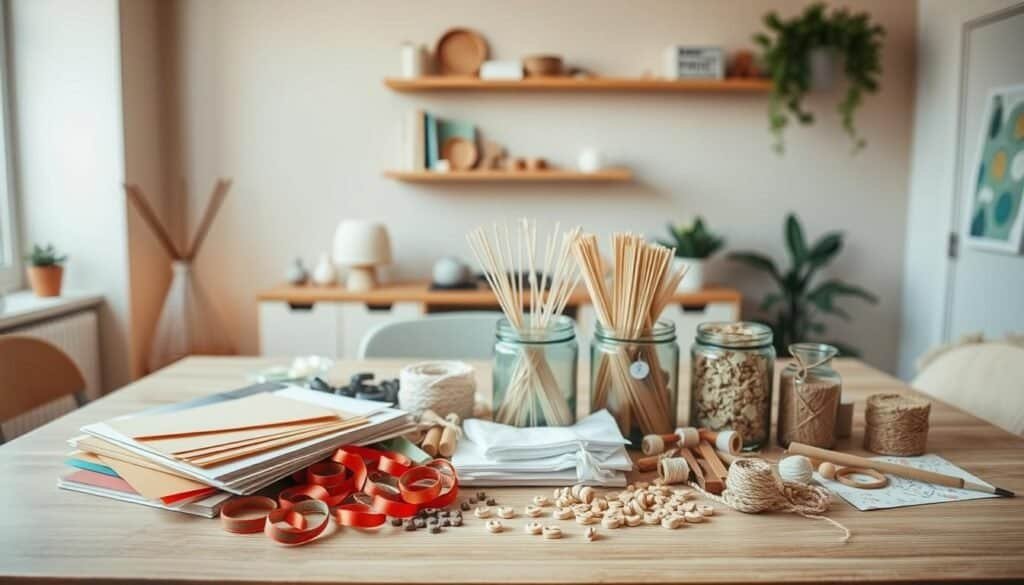 A neatly organized table showcases an array of DIY decor supplies in a warm, well-lit home studio. Various craft materials like colored papers, ribbons, twines, and small wooden pieces are arranged in a visually appealing manner. The background features a neutral-toned wall with a few minimalist shelves, creating a cozy, inspiring atmosphere for a quick home décor project. The lighting is soft and diffused, highlighting the textures and colors of the materials. The camera angle is slightly elevated, providing a comprehensive view of the setup, conveying a sense of accessibility and approachability for the viewer.