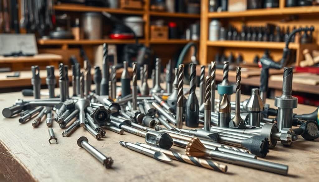 A neatly organized workshop table, the surface scattered with a variety of router bits and drill bits in different shapes and sizes. The tools are meticulously arranged, their sharp edges gleaming under warm, directional lighting, casting soft shadows that accentuate their intricate designs. In the background, shelves hold an assortment of other workshop essentials, creating a sense of a well-equipped, professional workspace dedicated to the maintenance and care of these essential woodworking implements. The overall atmosphere conveys a mood of precision, diligence, and a reverence for the craft of keeping one's tools in optimal condition. A neatly organized workshop table, the surface scattered with a variety of router bits and drill bits in different shapes and sizes. The tools are meticulously arranged, their sharp edges gleaming under warm, directional lighting, casting soft shadows that accentuate their intricate designs. In the background, shelves hold an assortment of other workshop essentials, creating a sense of a well-equipped, professional workspace dedicated to the maintenance and care of these essential woodworking implements. The overall atmosphere conveys a mood of precision, diligence, and a reverence for the craft of keeping one's tools in optimal condition.