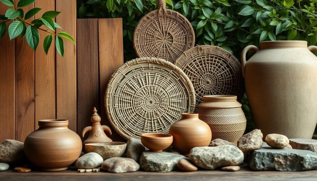 A peaceful global mosaic of natural textures: Weathered wood panels in warm hues, hand-woven baskets in neutral tones, intricate clay pottery in earthy tones, polished river stones in a soothing palette, all set against a backdrop of lush, verdant foliage. Soft, diffused lighting highlights the nuanced details and creates an atmosphere of tranquility. The composition emphasizes balance, symmetry, and a harmonious blend of textures from diverse cultural traditions. An intimate, meditative scene that evokes a sense of grounding and serenity.