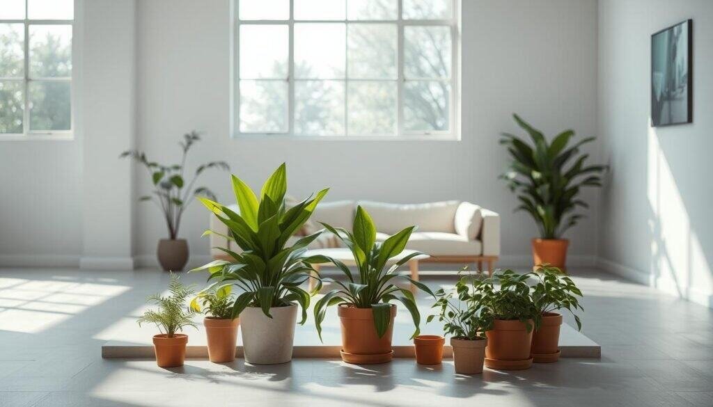 A peaceful, minimalist indoor scene featuring a selection of potted plants as warm, natural accents. A modern, light-filled space with clean lines and a neutral color palette. Soft, natural lighting filters through large windows, casting gentle shadows. The plants are carefully arranged in the foreground, their lush, verdant foliage softening the otherwise austere setting. The plants' organic shapes and textures provide a soothing contrast to the sleek, modern furnishings. An inviting, serene atmosphere where the boundaries between nature and the built environment blur.