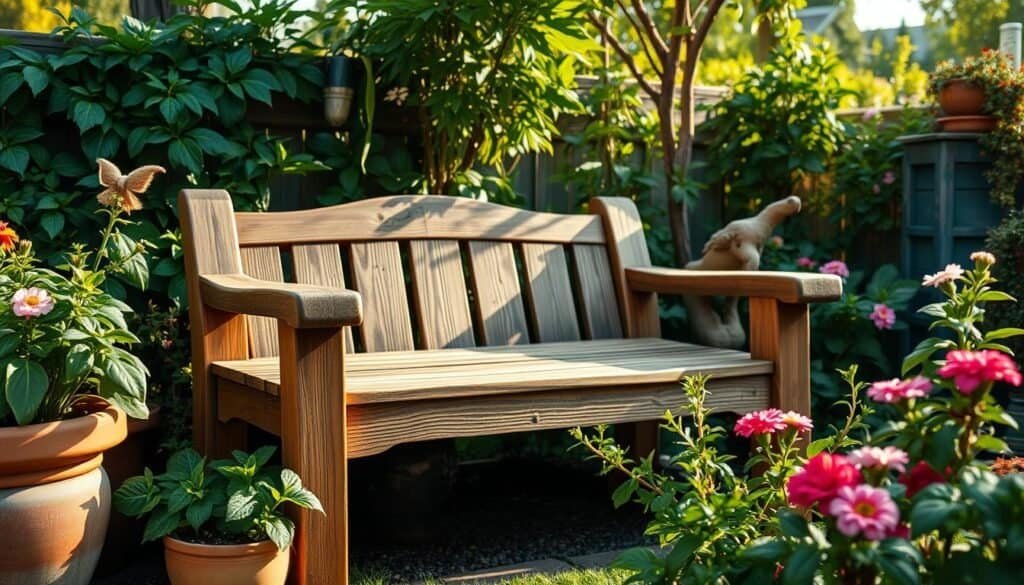 A peaceful outdoor garden bench crafted with the skilled handiwork of The Sawdust Man. The bench sits amidst a lush, verdant backdrop, surrounded by thriving potted plants and blooming flowers. Warm, natural sunlight filters through the foliage, casting a gentle glow over the weathered wood. The inviting design and rustic charm of the bench create a serene, tranquil atmosphere, perfect for enjoying a moment of relaxation in this idyllic backyard nook. A tilt-shift lens captures the scene, emphasizing the depth and focus on the central bench element.