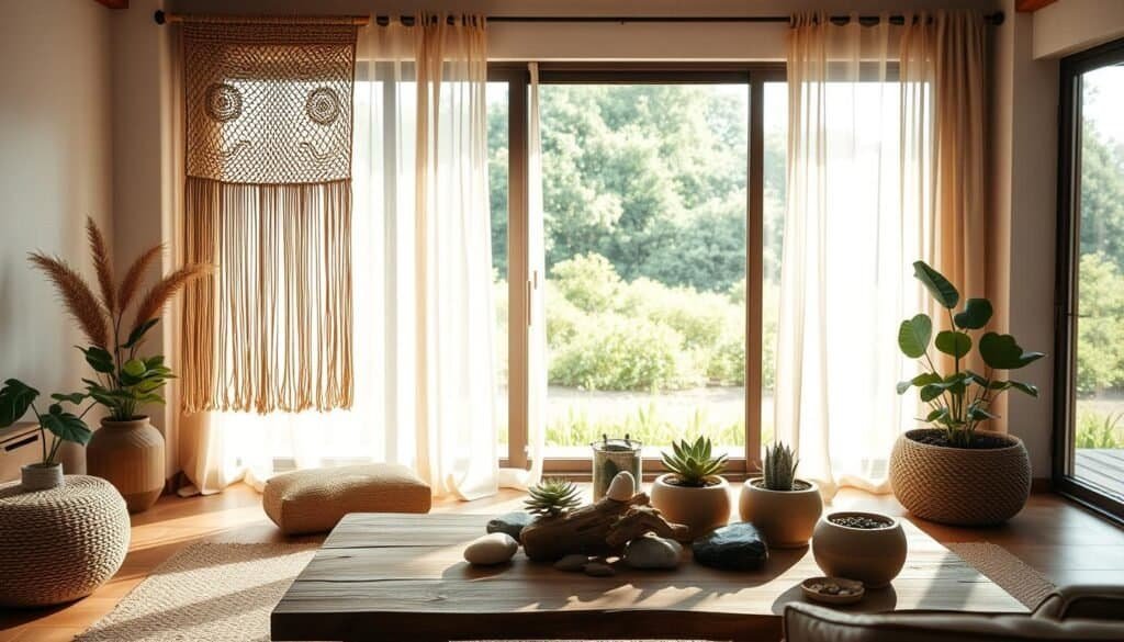 A peaceful, sun-drenched living room filled with natural textures and organic materials. In the foreground, a large, hand-woven macrame wall hanging cascades gracefully, casting soft shadows. The middle ground features a low, wooden coffee table topped with an arrangement of river stones, driftwood, and succulents in earthy ceramic planters. Warm, diffused lighting filters through sheer curtains, illuminating the space with a gentle, nature-inspired ambiance. In the background, a floor-to-ceiling window frames a lush, green outdoor landscape, blurring the line between indoors and out. Subtle, muted tones and a sense of tranquility pervade the scene.