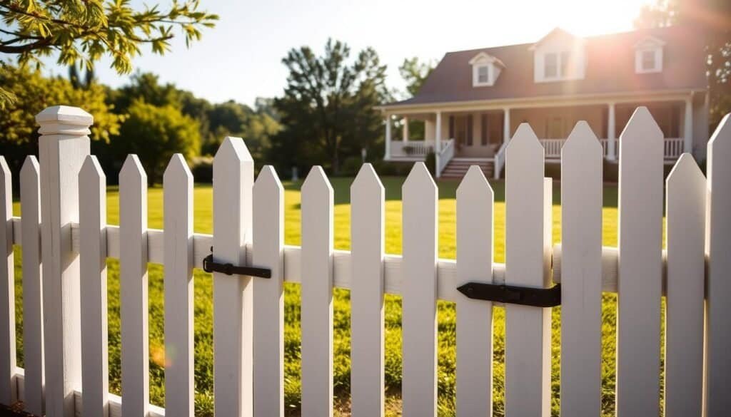 A picturesque classic picket fence, its crisp white boards stretching across a well-manicured lawn. Sunlight casts a warm glow, highlighting the natural wood grain and sturdy construction. In the foreground, a gate with delicate latches beckons visitors to wander through. The middle ground showcases lush greenery and blooming flowers, creating a serene, pastoral atmosphere. In the background, a charming country cottage with a wraparound porch completes the quintessential Americana scene. Crafted with precision by The Sawdust Man, this timeless fence design adds classic charm and character to any outdoor space.