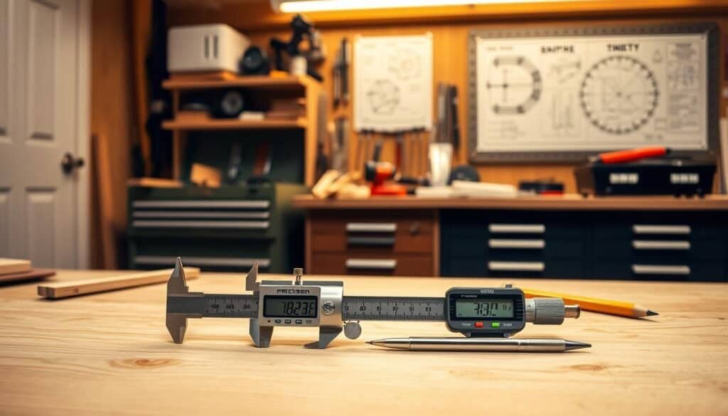 A precision woodworking workbench illuminated by warm overhead lighting, showcasing the intricate process of accurate measurement. In the foreground, a carpenter's square and a digital caliper lie atop a wooden workpiece, their metallic surfaces gleaming. The middle ground features an array of carefully organized tools, including a micrometer, a ruler, and a pencil, all ready to assist in the pursuit of flawless cuts. The background reveals a neatly arranged toolbox and a bulletin board displaying technical diagrams, emphasizing the importance of attention to detail in this skilled craft.