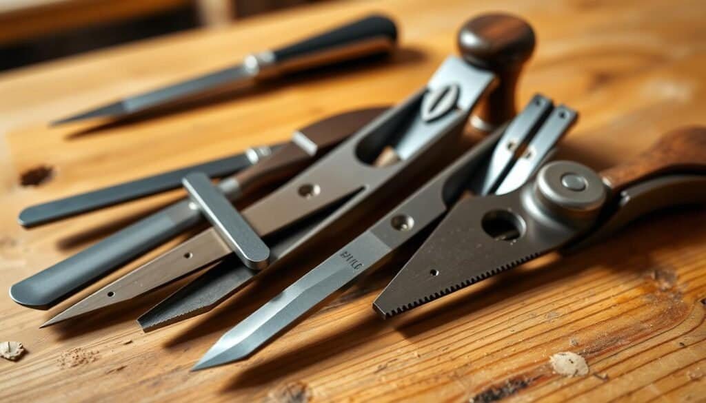 A professional-grade set of precision cutting tools lies neatly arranged on a wooden workbench. The tools include a sharp chisels, hand planes, and a delicate fretsaw, each with a polished metal surface that reflects the warm, natural lighting. The tools are organized in a visually-pleasing manner, hinting at the care and skill required to use them effectively. The background is softly blurred, drawing the viewer's attention to the well-crafted instruments at the heart of the scene.