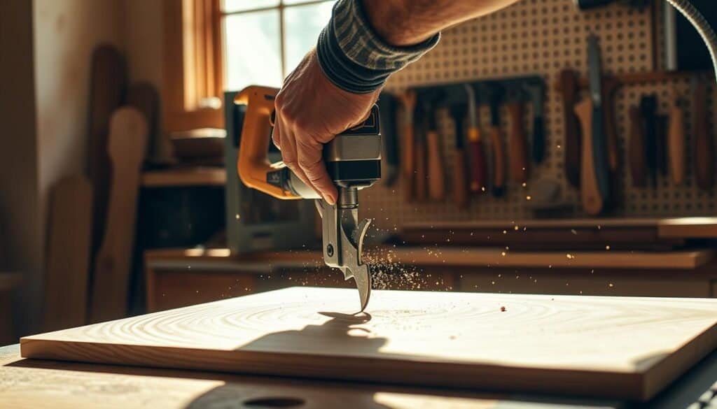 A professional woodworker meticulously guiding a curved jigsaw blade through a wood panel, creating a seamless, intricate pattern. Bright natural light filters in from a window, casting warm shadows across the workbench. The worker's hands, calloused from years of experience, grip the tool with precision and control. Sawdust particles dance in the air, adding a sense of motion and craftsmanship to the scene. In the background, a wall-mounted pegboard displays an array of well-organized woodworking tools, hinting at the mastery of this skilled artisan.