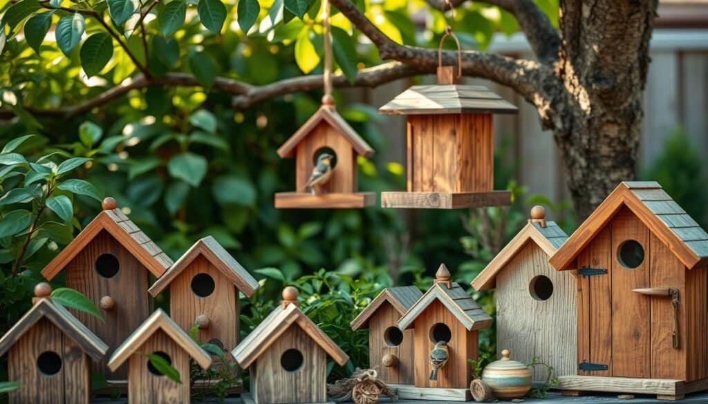A quaint collection of wooden birdhouses, expertly crafted with rustic charm, nestled amidst a lush garden. The foreground features intricately detailed birdhouses in various shapes and sizes, their weathered wood textures and natural tones complementing the verdant foliage. In the middle ground, a wooden bird feeder hangs from a sturdy branch, inviting feathered visitors to partake in a delightful feast. The background showcases a tranquil outdoor setting, with soft, warm lighting filtering through the leaves, creating a serene and inviting atmosphere. The composition emphasizes the harmony between the handmade wooden structures and the vibrant natural elements, capturing the essence of a charming, inviting garden scene.