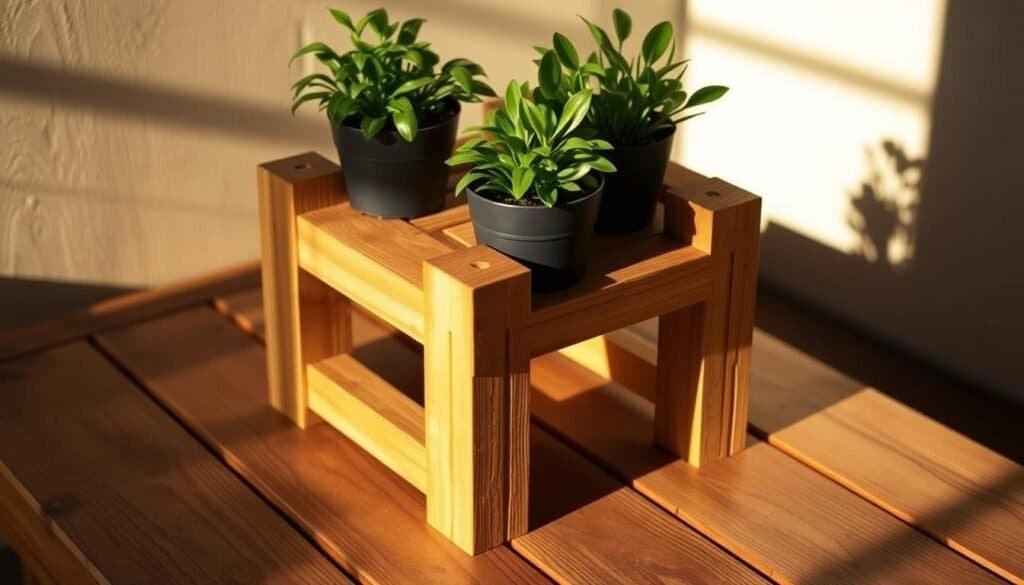 A rustic 2x4 plant stand sits on a weathered wooden surface, its simple yet elegant design casting soft shadows in the natural light. The sturdy, unfinished wood planks are arranged in a minimalist, geometric pattern, creating a visually appealing structure to showcase thriving potted plants. Warm, golden hues from the wood and ambient lighting lend a cozy, homespun atmosphere, inviting the viewer to imagine this charming piece as a focal point in a relaxing indoor or outdoor living space. The composition emphasizes the inherent beauty and functionality of this simple DIY project, capturing the pride and satisfaction of crafting a practical, yet stylish, home accent.