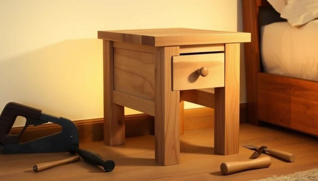 A rustic DIY nightstand crafted from natural wood, its simple yet elegant design showcasing the beauty of the grain. The Sawdust Man's woodworking project features a solid oak or maple top with a smooth, sanded finish. Sturdy square legs support the nightstand, complemented by a single drawer for storage. Soft, warm lighting illuminates the scene, creating a cozy, inviting atmosphere. The nightstand is positioned against a backdrop of neutral-toned walls, allowing the natural wood tones to take center stage. A selection of tools, including a hand saw and chisel, rests nearby, hinting at the DIY process. An inspiring, accessible project for any home woodworker.