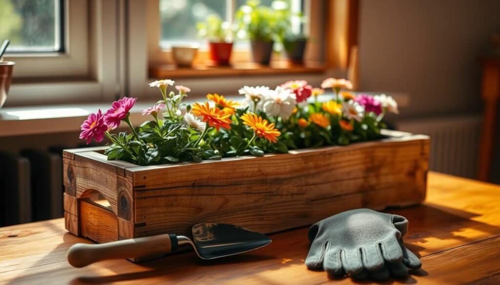 A rustic DIY pallet planter box, beautifully crafted from weathered wood, sits on a wooden table. The planter is adorned with colorful blooming flowers, creating a vibrant contrast against the aged wood. In the foreground, a small hand trowel and gardening gloves are artfully placed, suggesting the homeowner's recent activity. Soft, natural lighting filters through a nearby window, casting gentle shadows that enhance the texture of the wood. In the background, a hint of potted herbs can be seen on a windowsill, further emphasizing the indoor gardening theme. The overall atmosphere is warm and inviting, conveying a sense of achievement and connection to nature. The photo is taken from a slightly elevated angle, focusing on the planter's details while maintaining a cozy, homey feel.