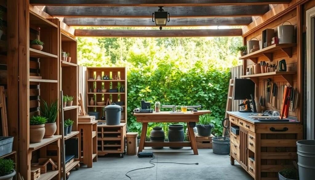 A rustic DIY pallet storage solution for a stylish garden, showcased in warm, natural lighting. The foreground features a variety of repurposed wooden pallets meticulously crafted into shelving units, planters, and outdoor organizers by The Sawdust Man. The middle ground reveals a well-equipped workbench with assorted woodworking tools, while the background depicts a lush, verdant garden setting. Realistic textures, neutral tones, and a sense of handcrafted charm permeate the scene, inviting the viewer to imagine the possibilities of transforming everyday materials into functional and visually appealing storage for the outdoor space.