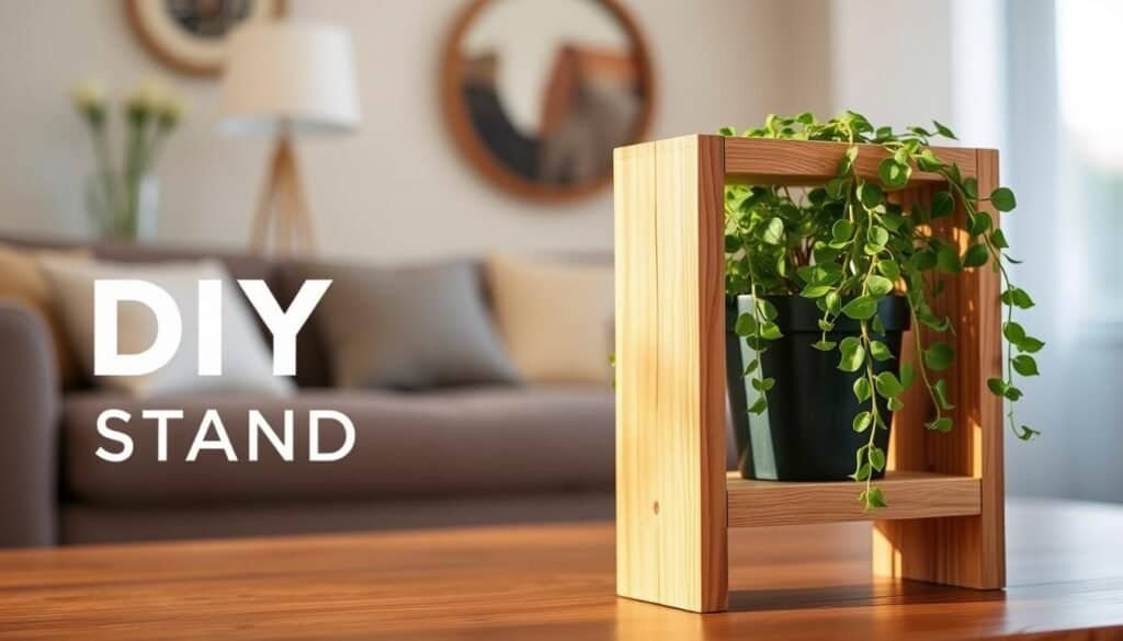 A rustic DIY wood plant stand with clean, minimalist lines. In the foreground, a wooden frame with smooth, sanded surfaces and a natural wood grain texture. The middle ground showcases a potted plant, its lush, verdant foliage cascading gracefully. Warm, soft lighting illuminates the scene, casting subtle shadows that accentuate the object's form. The background is a blurred, cozy interior, hinting at a comfortable living space. This image conveys a sense of tranquility, highlighting how a simple, handcrafted plant stand can enhance a room and bring nature indoors.