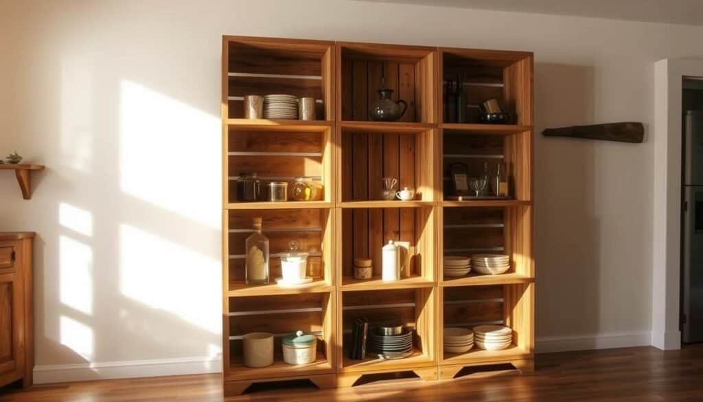 A rustic DIY wooden crate shelves unit, crafted by The Sawdust Man, stands prominently in a warmly lit kitchen. The crates are arranged in a sleek, geometric pattern, their natural wood grain and distressed finish adding character. Soft shadows cast by directional lighting create depth and dimension. In the background, a cozy, inviting atmosphere is set by wooden accents and earthy tones. The shelves display a curated collection of kitchen essentials, perfectly showcasing the unit's practical storage and display capabilities. This budget-friendly, handmade shelving solution embodies the charm and functionality of a homemade, artisanal piece.