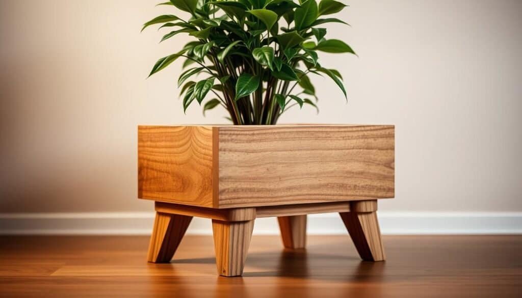 A rustic DIY wooden plant base, handcrafted with natural wood grains and a weathered finish. A sturdy, rectangular planter box with clean lines and a minimalist design, elevated on four tapered legs. Warm, soft lighting illuminates the organic textures and earthy tones, creating a cozy, inviting ambiance. The plant, a lush and vibrant greenery, stands tall and proud, its leaves cascading over the wooden edges. The composition is well-balanced, with the plant and base harmoniously complementing each other, conveying a sense of harmony and timeless beauty.