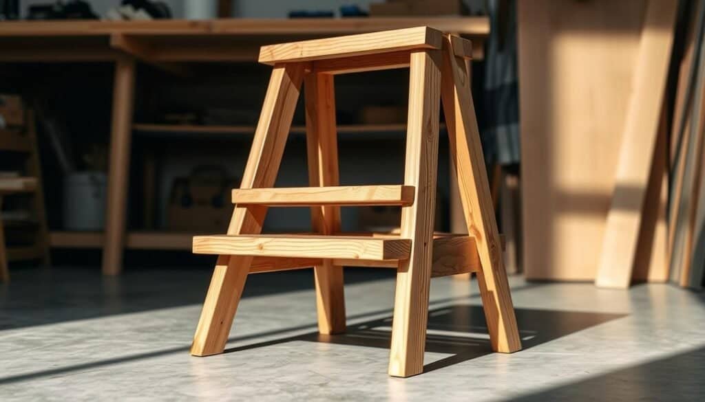 A rustic DIY wooden step stool standing in a well-lit home workshop. The stool has a sturdy frame crafted from smooth, light-colored hardwood with a slightly distressed finish. The steps are thick, solid planks with visible wood grain. Soft shadows from overhead lighting create depth and texture. The stool is positioned on a clean, polished concrete floor, with a neutral-toned workbench or shelving unit in the background. The overall scene conveys a sense of simple, functional elegance, perfect for a homemade home décor project.