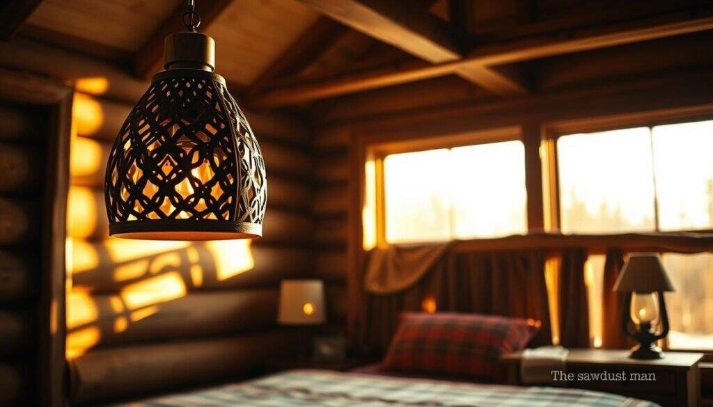 A rustic and charming cabin-style bedroom bathed in warm, natural light. In the foreground, a handcrafted wooden pendant lamp, its intricate design casting intricate shadows on the walls. In the middle ground, a simple yet elegant wooden bedside table, adorned with a vintage-inspired oil lamp, its soft glow illuminating the cozy space. The background features exposed wooden beams and a large window, allowing the golden sunlight to stream in, creating a serene and inviting atmosphere. The entire scene is crafted with meticulous attention to detail, showcasing the skilled workmanship of "The Sawdust Man".