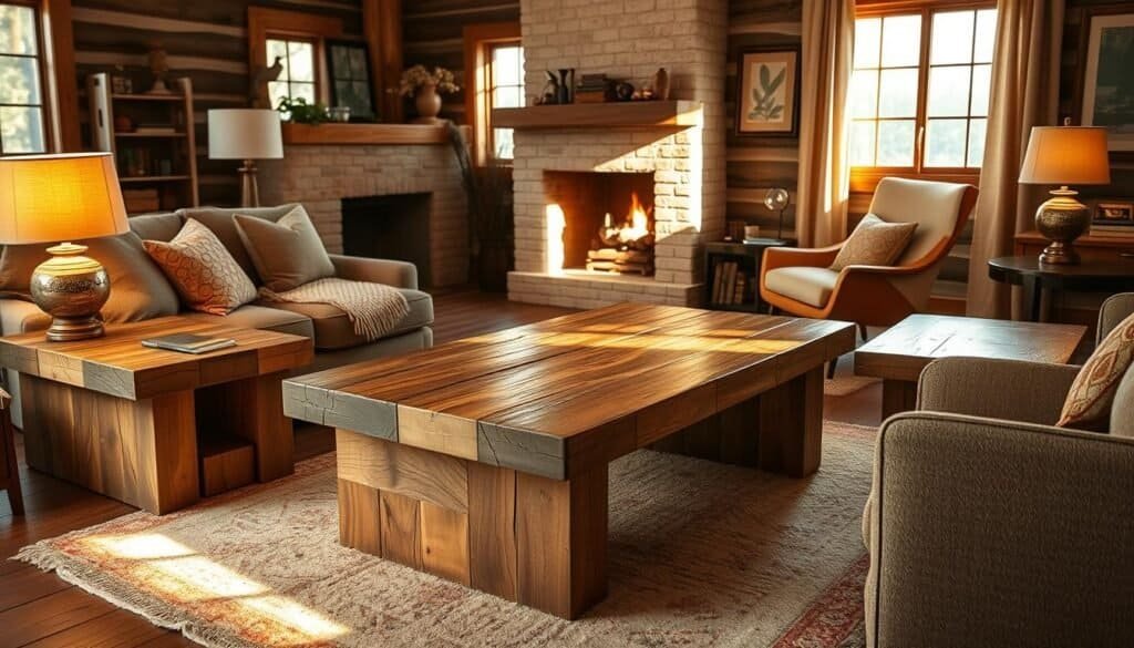 A rustic and cozy living room setting, with a focal point of a handcrafted reclaimed wood coffee table and end tables. The furniture has a weathered, natural finish, complemented by the warm lighting from floor lamps and a fireplace in the background. Sunlight streams through large windows, casting a soft, inviting glow on the space. The room is filled with plush, textured furnishings in earthy tones, creating a harmonious and inviting atmosphere. A mid-century modern armchair and a cozy rug complete the scene, giving it a touch of contemporary elegance. The overall composition emphasizes the beauty and character of the reclaimed wood, showcasing its unique grain and imperfections.
