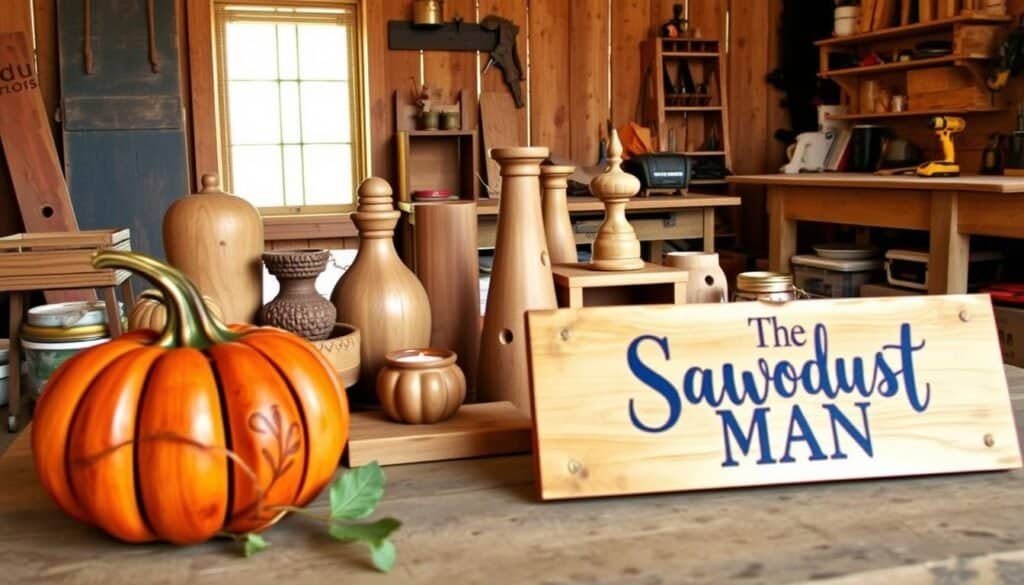 A rustic and cozy scene showcasing a variety of "The Sawdust Man" DIY projects crafted from 2x4 boards and scrap wood. In the foreground, a beautifully carved wooden pumpkin and a charming hand-painted sign. In the middle ground, an assortment of simple yet elegant home decor pieces like a wooden vase, a candleholder, and a small shelving unit. The background features a warm, natural-lit setting with a wooden workbench, some power tools, and various woodworking supplies. The overall atmosphere exudes a sense of creativity, craftsmanship, and the warmth of the autumn season.