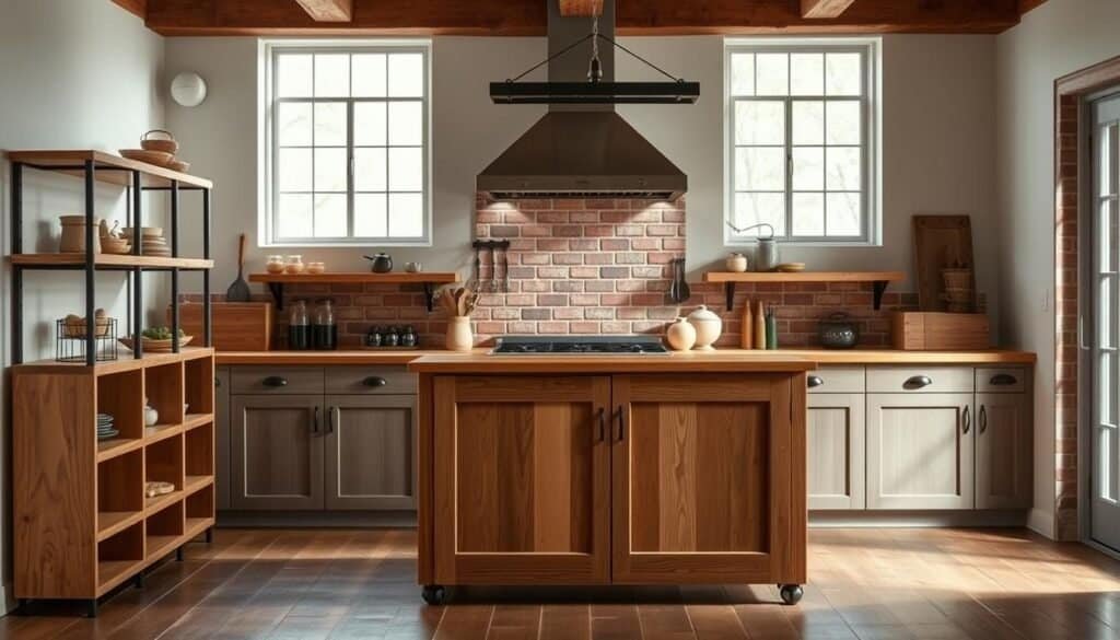 A rustic and elegant kitchen interior with removable wooden elements. The foreground features a set of modular shelves and a wooden kitchen island with a natural grain finish, crafted by "The Sawdust Man". In the middle ground, a textured brick backsplash and a vintage-inspired range hood add warmth and character. The background showcases a minimalist window, allowing natural light to flood the space. The overall atmosphere is one of understated sophistication, inviting the viewer to imagine the versatile and personalized home decor possibilities.