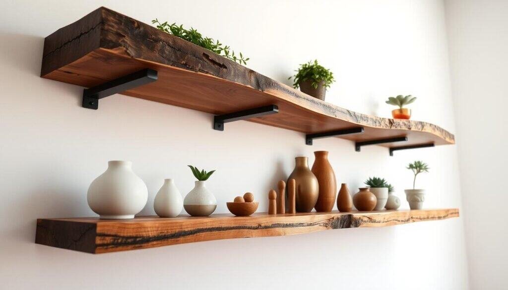 A rustic and natural live edge wooden shelf, with its distinctive uneven bark-lined edges, standing against a plain white wall. The shelf displays a collection of decorative items, such as potted plants, ceramic vases, and small wooden figurines, creating a charming and inviting display. The lighting is soft and indirect, casting a warm, cozy glow on the scene. The shelf is positioned at eye level, allowing the viewer to appreciate the unique character and texture of the live edge wood. The overall composition emphasizes the beauty and functionality of this handcrafted home decor piece.