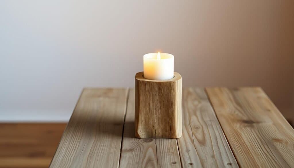 A rustic and natural reclaimed wood candle holder stands in a cozy, well-lit room. The wooden surface has a weathered, distressed appearance, with subtle variations in color and texture. The candle holder has a simple, minimalist design, allowing the beauty of the reclaimed wood to shine. Warm, soft lighting from the candle illuminates the holder, casting a gentle glow and inviting atmosphere. The image is captured from a slightly elevated perspective, showcasing the elegant form of the candle holder against a neutral, uncluttered background that enhances the focal point.