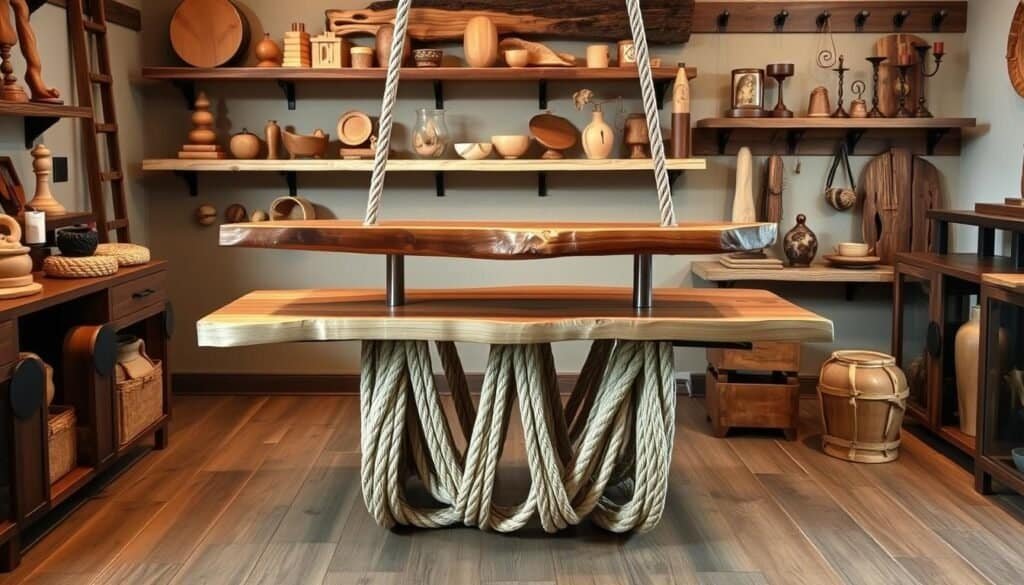 A rustic and refined collection of custom wood and rope creations, crafted with precision and artistry by "The Sawdust Man". A striking centerpiece table features a smooth, live-edge wood top suspended by thick, intertwined ropes, creating a statement of natural elegance. In the background, a series of wooden shelves and wall-mounted hooks display an array of handmade wooden trinkets, candle holders, and other decorative pieces, all accented by the warm glow of soft, directional lighting. The scene emanates a cozy, inviting atmosphere, showcasing the beauty and versatility of natural materials in a polished, high-end home setting.