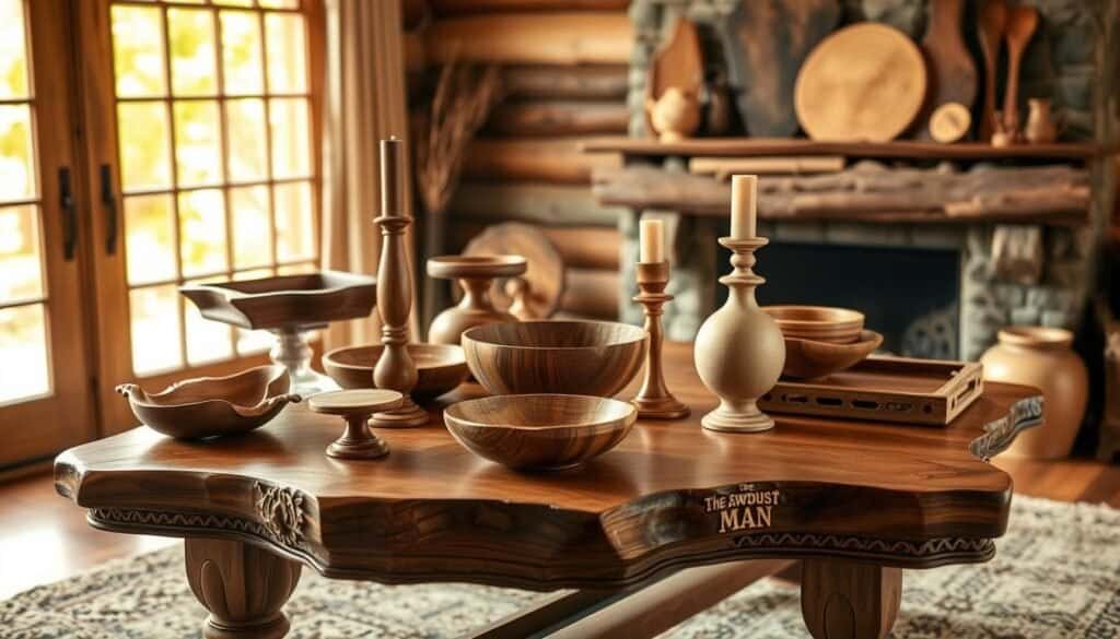 A rustic and warm scene showcasing the natural beauty of wood decor. A well-crafted wooden table, adorned with intricate carvings and a smooth, polished surface, takes center stage. Surrounding it, a collection of wooden trays, bowls, and candlesticks from "The Sawdust Man" brand create a cohesive and inviting display. Warm, diffused lighting from a large window casts a golden glow, highlighting the rich tones and textures of the wood. In the background, a cozy fireplace mantel displays additional wooden accents, lending a sense of timelessness and comfort to the scene. The overall composition conveys the timeless appeal of wooden décor in a modern, harmonious home setting.