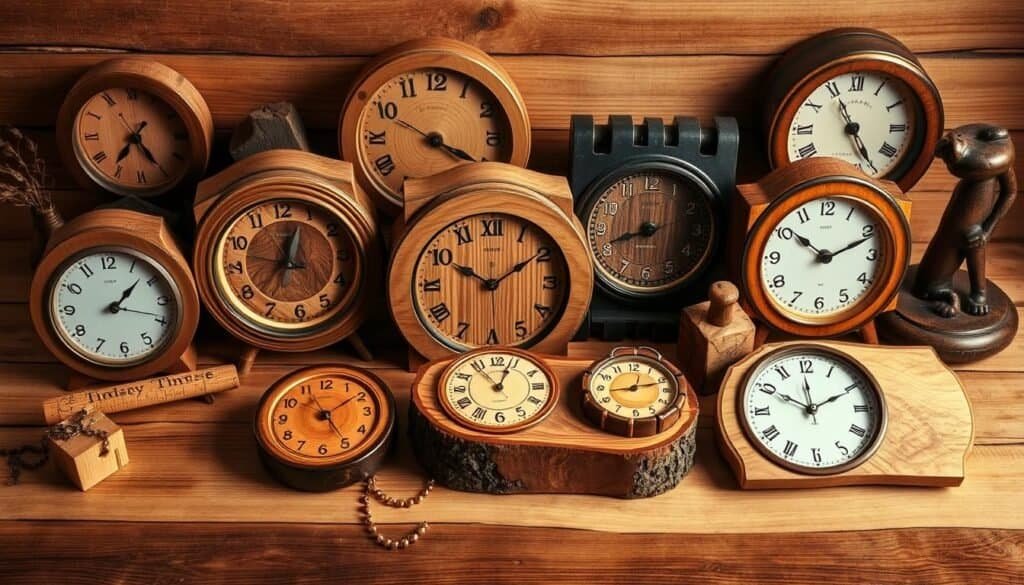A rustic arrangement of handcrafted wooden clocks and timepieces, each with its own unique character and grain. The clocks are displayed on a natural wooden surface, with soft, warm lighting illuminating their intricate designs and textures. The composition features a mix of analog and digital clocks, complemented by a few decorative wooden accents, creating a harmonious and inviting atmosphere. The overall scene evokes a sense of warmth, craftsmanship, and a connection to the natural world, perfectly suiting the "Rustic Bedroom Wood Décor" theme.