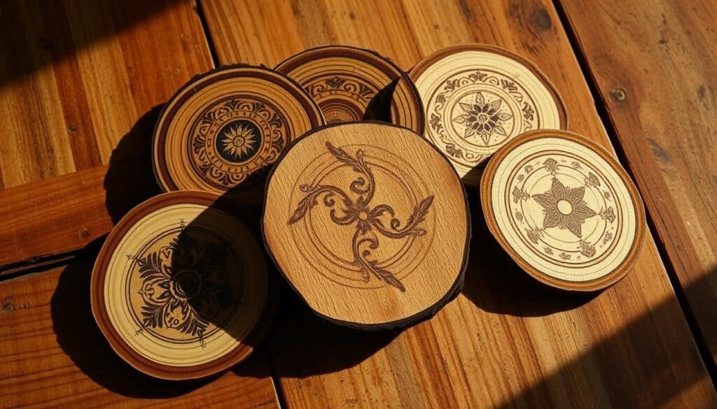 A rustic arrangement of handcrafted wooden coasters resting on a natural wood surface. The coasters feature intricate pyrography designs, with delicate patterns burned into the grain. Warm lighting casts a soft glow, highlighting the rich texture and hues of the reclaimed wood. The coasters are arranged in a visually pleasing composition, complementing the earthy, organic atmosphere. Subtle shadows add depth and dimension, creating a sense of artisanal craftsmanship. The overall scene conveys a sense of rustic charm and homemade elegance, suitable for a cozy, nature-inspired living space.