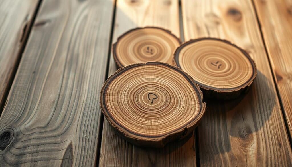 A rustic arrangement of natural wood coasters, crafted from irregularly-shaped slices of rough-sawn timber. The coasters are placed on a weathered wooden surface, their organic textures and unique grains shining under soft, warm lighting. The overall scene evokes a sense of simplicity and charm, reflecting the beauty of handmade, artisanal home decor. The coasters are positioned to showcase their individual character, with varying hues and patterns that add depth and visual interest. A minimalist, nature-inspired aesthetic permeates the scene, creating an inviting and soothing atmosphere.