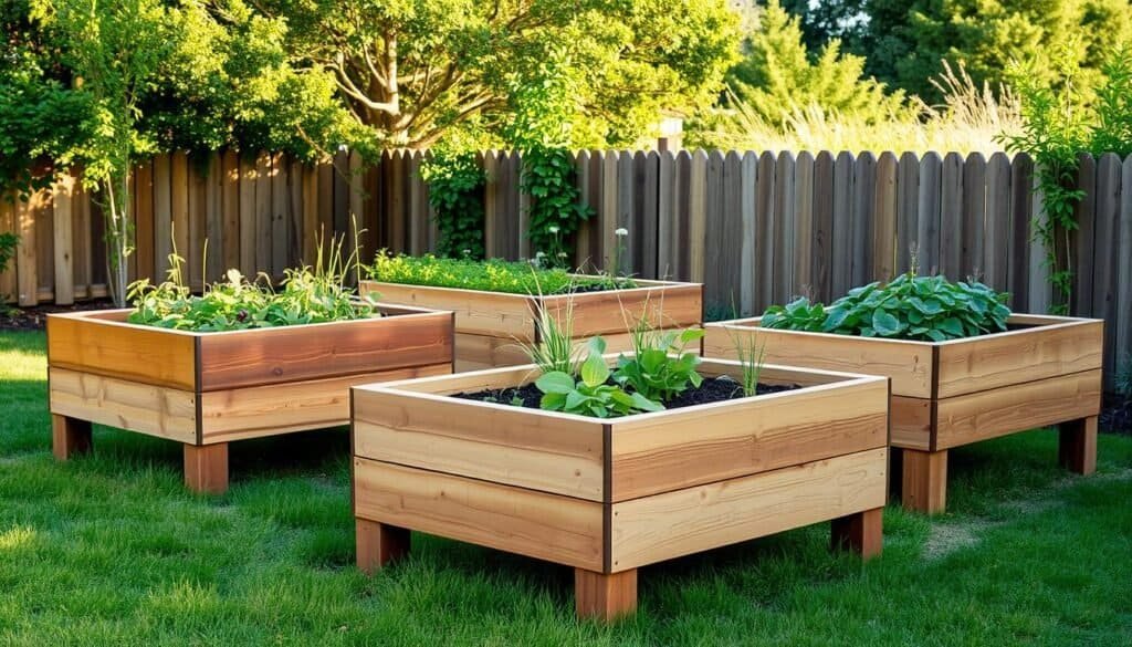 A rustic arrangement of three elevated cedar wood garden beds, positioned in a neatly manicured backyard. Warm afternoon sunlight casts a natural glow across the weathered, reddish-brown wood. The beds feature clean, simple lines and a sturdy, handcrafted appearance. Lush greenery and plants spill over the edges, creating a harmonious blend of organic and man-made elements. In the background, a wooden fence and scattered trees provide a serene, nature-inspired setting. The overall scene conveys a sense of tranquility, inviting the viewer to imagine tending to a thriving, personal garden.