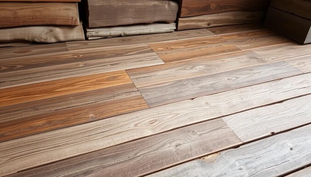 A rustic arrangement of weathered, reclaimed wooden planks in various shades of brown and gray, meticulously arranged to showcase their natural character and grain patterns. The planks are positioned at varying angles, creating a visually interesting composition that suggests their potential use for a cozy patio project. Soft, warm lighting from an unseen source accentuates the textures and hues of the wood, evoking a sense of warmth and craftsmanship. The scene is captured from a slightly elevated angle, allowing the viewer to appreciate the details and appreciate the beauty of these reclaimed materials.