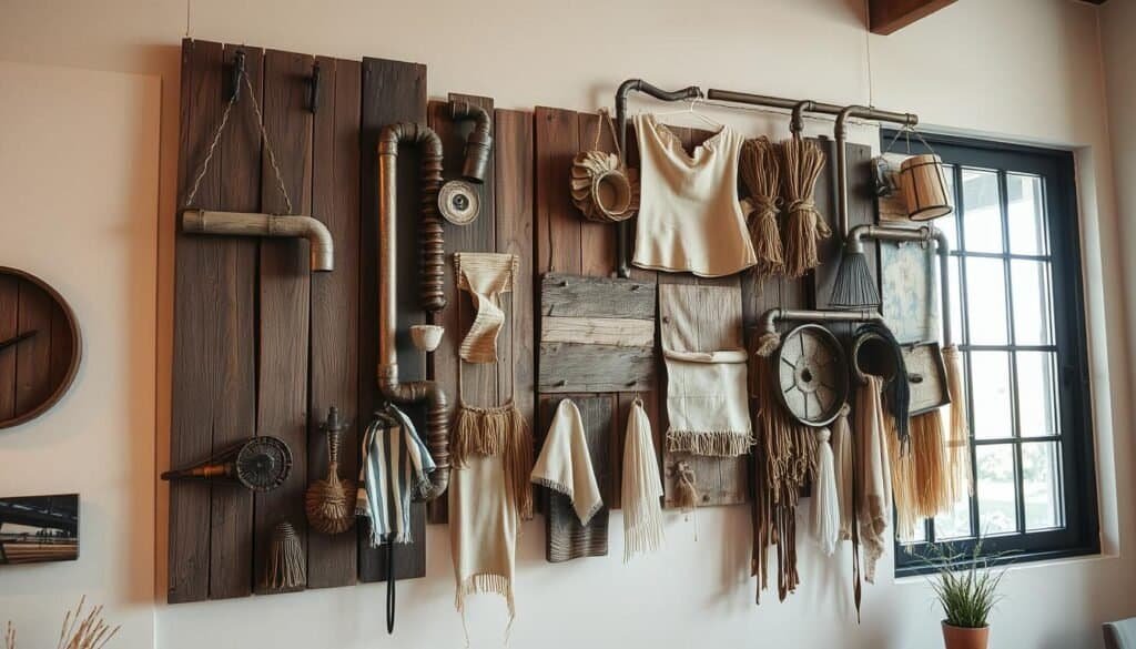 A rustic, artisanal wall display showcasing an array of repurposed materials. Hanging in a well-lit interior, a collection of weathered wooden panels, twisted metal pipes, and reclaimed fabric scraps are arranged in an eclectic, visually striking composition. Warm lighting from a large window casts a soft, natural glow, highlighting the unique textures and muted colors of the upcycled elements. The overall aesthetic is one of handcrafted, earthy elegance, inviting the viewer to appreciate the beauty found in everyday cast-offs. Photographed at a medium distance, the image captures the full scope of this imaginative wall display. A rustic, artisanal wall display showcasing an array of repurposed materials. Hanging in a well-lit interior, a collection of weathered wooden panels, twisted metal pipes, and reclaimed fabric scraps are arranged in an eclectic, visually striking composition. Warm lighting from a large window casts a soft, natural glow, highlighting the unique textures and muted colors of the upcycled elements. The overall aesthetic is one of handcrafted, earthy elegance, inviting the viewer to appreciate the beauty found in everyday cast-offs. Photographed at a medium distance, the image captures the full scope of this imaginative wall display.