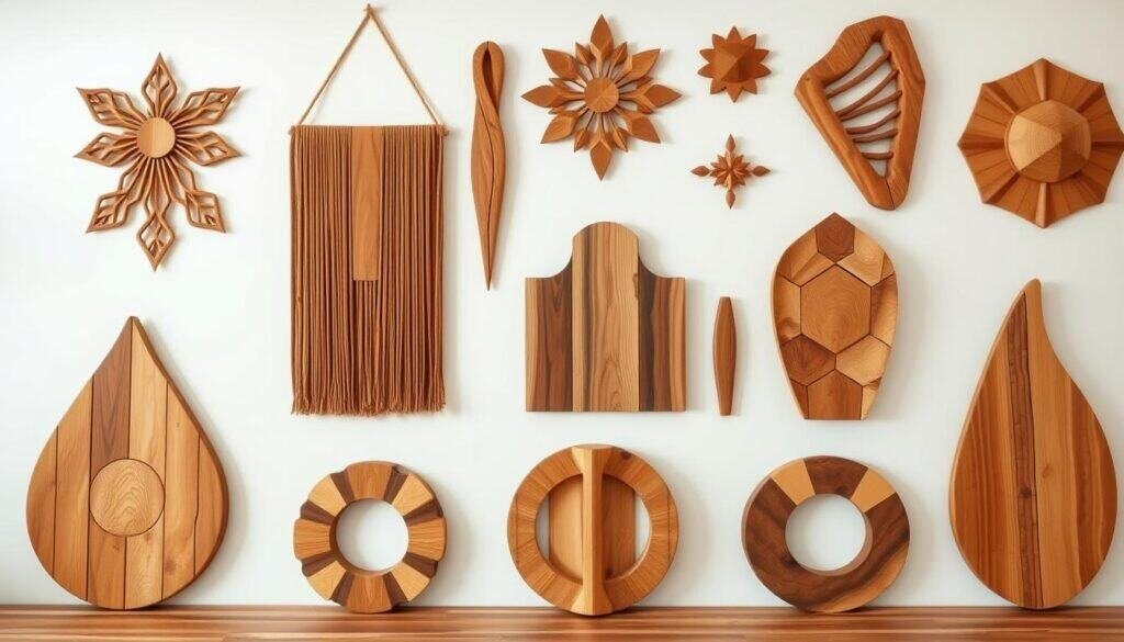 A rustic assortment of handcrafted wooden wall accents in a natural, well-lit studio setting. Intricately carved wall hangings, geometric shapes, and organic forms in various shades of warm, honey-toned wood. The pieces are carefully arranged on a simple, white backdrop, showcasing their intricate textures and clean lines. The lighting is soft and diffused, casting gentle shadows that accentuate the depth and dimensionality of the wooden elements. The overall mood is one of homespun charm and understated elegance, inviting the viewer to imagine how these DIY accents could add rustic character to any bare wall.