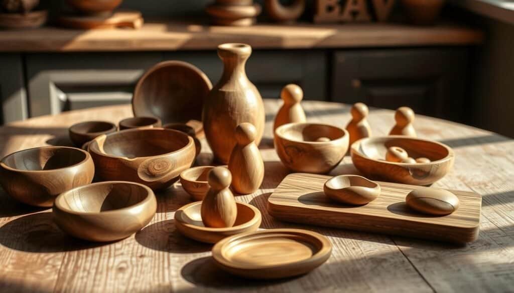 A rustic assortment of small, handcrafted wooden accent pieces arranged artfully on a weathered tabletop. Delicate wooden bowls, trays, and figurines in natural hues of walnut, oak, and pine, casting gentle shadows under soft, directional lighting. The pieces are positioned to create a harmonious, lived-in vignette, evoking a sense of timeless, farmhouse-inspired charm. The camera captures the pieces at a low angle, emphasizing their tactile, artisanal qualities and highlighting the beautiful wood grain and subtle imperfections that add to their character.