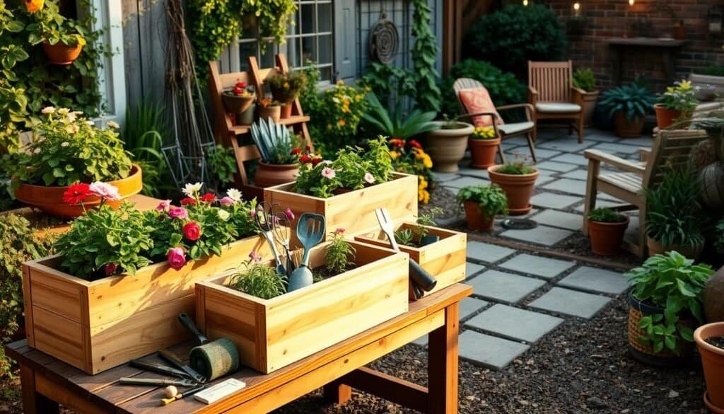 A rustic backyard oasis with handcrafted wooden planters from The Sawdust Man. In the foreground, natural-finished planter boxes in various sizes sit on a wooden bench, overflowing with lush greenery and vibrant flowers. The middle ground showcases a collection of potting tools and supplies, creating a charming DIY ambiance. In the background, a cozy patio setting with additional planters and pots nestled among natural stone pavers, all bathed in warm, golden lighting. The scene exudes a sense of relaxation and homespun craftsmanship, inviting the viewer to create their own backyard sanctuary.