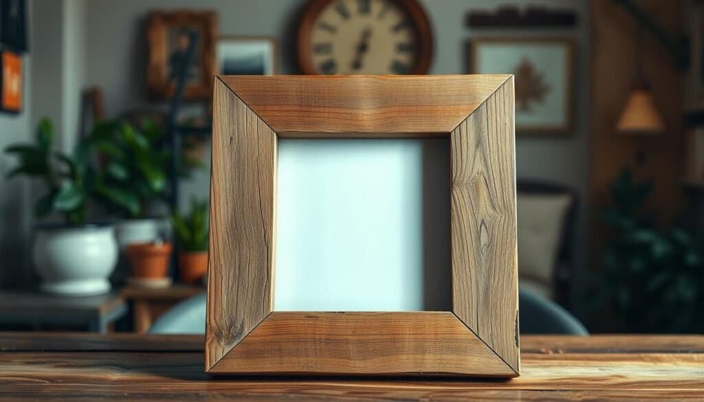 A rustic barnwood picture frame prominently displayed in a warm, inviting setting. The frame is crafted from aged, weathered wood, showcasing rich grains and textures, with subtle imperfections that enhance its charm. In the foreground, the frame stands upright on a rustic wooden table, adorned with soft, natural lighting that highlights its contours and colors. The background features a blurred, cozy interior with hints of greenery from potted plants and warm-toned wall décor, creating a serene atmosphere. The focus is on the frame, capturing its artisanal quality, while the overall mood conveys a sense of creative simplicity and nostalgia. The composition conveys a heartfelt allure, ideal for inspiring quick wood projects.