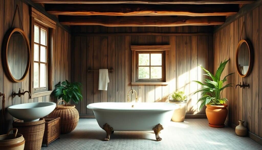 A rustic bathroom with weathered wooden beams and paneled walls, illuminated by soft, natural light filtering through a large window. A clawfoot tub stands in the foreground, its vintage charm contrasting with modern hexagonal tiles underfoot. Antique brass fixtures, a wood-framed mirror, and woven baskets add timeless, earthy accents. Lush greenery in terracotta pots brings the outdoors in, creating a serene, spa-like ambiance. The overall scene conveys a sense of cozy, lived-in comfort and a retreat from the modern world.