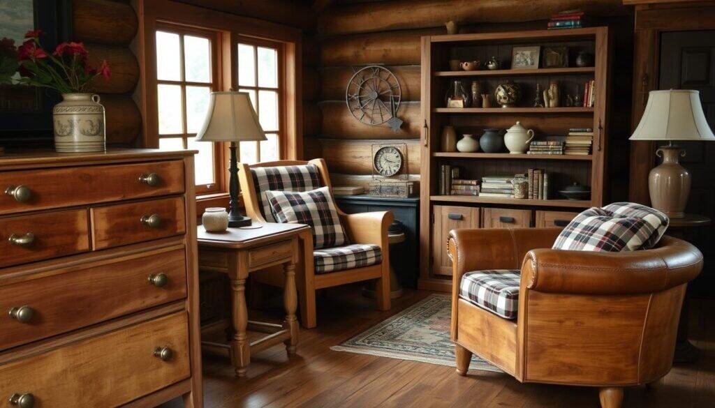 A rustic cabin interior with cozy charm, featuring upcycled furniture crafted by "The Sawdust Man". In the foreground, a refurbished wooden dresser with natural grains and vintage hardware. A distressed side table with a worn, weathered appearance stands nearby. The middle ground showcases a repurposed wooden armchair, its cushions adorned with a classic plaid pattern. In the background, a handcrafted wooden shelving unit displays an assortment of natural décor items, including vases, candles, and weathered books. Soft, natural lighting filters through the cabin's windows, creating a warm, inviting ambiance. The overall atmosphere evokes a sense of rustic elegance and authentic cabin charm.