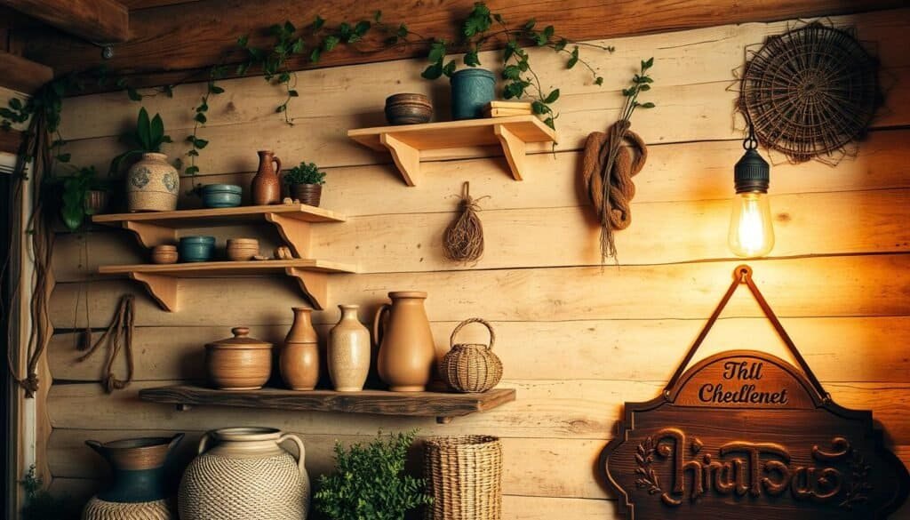 A rustic cabin wall, adorned with a charming array of handcrafted decor pieces. Delicate wooden shelves, adorned with trailing vines and cascading foliage, create a nature-inspired ambiance. Beneath, a collection of earthy ceramic vases and woven baskets, arranged in a harmonious display. Soft, warm lighting casts a cozy glow, highlighting the organic textures and natural hues. In the foreground, a wooden plaque with intricate carving, adding a touch of rustic elegance. The overall scene exudes a sense of homespun warmth and simplicity, perfect for a cozy cabin retreat.