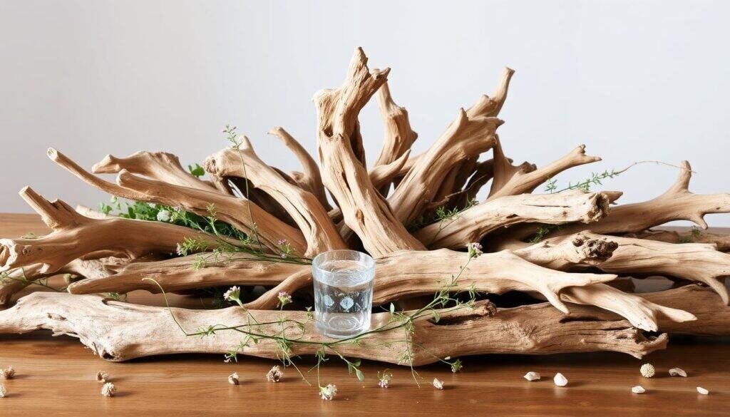 A rustic centerpiece arrangement featuring sun-bleached driftwood, gnarled branches, and scattered natural elements. The warm, earthy tones of the weathered wood are accentuated by soft, diffused lighting, creating an inviting and serene atmosphere. In the foreground, delicate sprigs of greenery and wildflowers are interspersed among the driftwood, adding a touch of natural beauty. The middle ground showcases a mix of irregularly shaped driftwood pieces, their unique textures and shapes forming an organic, asymmetrical composition. In the background, a neutral backdrop allows the natural materials to take center stage. Crafted by "The Sawdust Man", this driftwood centerpiece embodies the essence of a refined, rustic-inspired dining experience.