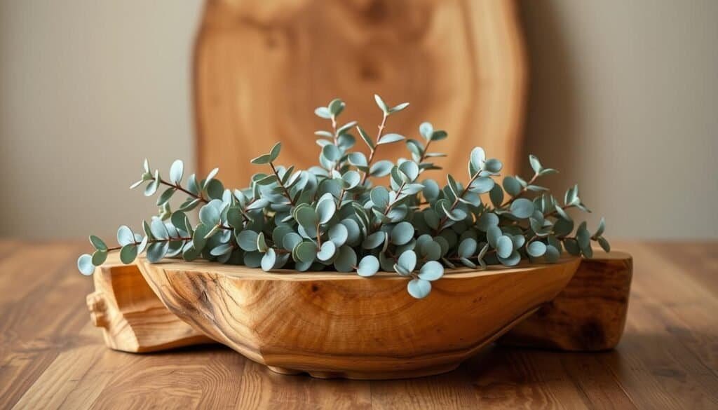A rustic centerpiece of weathered wood and fragrant eucalyptus, crafted by The Sawdust Man. In the foreground, a natural wood bowl is filled with delicate eucalyptus sprigs, their silvery-green leaves casting soft shadows. Behind, a sturdy wooden base supports the arrangement, its grain and knots adding depth and character. Warm, diffused lighting illuminates the scene, creating an inviting, natural atmosphere. The overall composition evokes a sense of tranquility and organic elegance, perfect for elevating everyday dining.