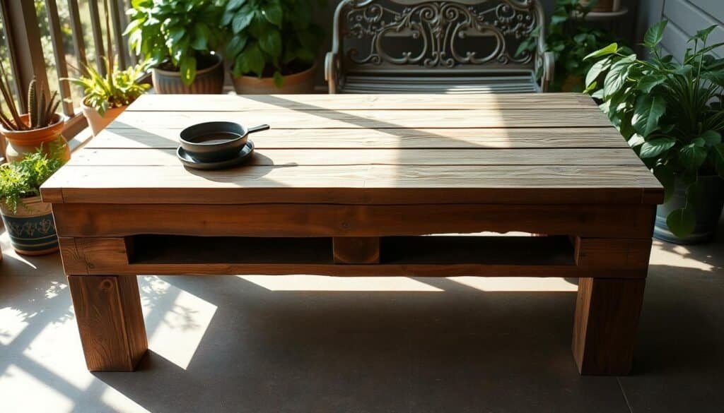 A rustic coffee table crafted from reclaimed pallet wood stands in a cozy, sun-dappled patio. Weathered wooden planks, each bearing the marks of its past life, are artfully arranged in a simple, yet elegant design. Soft, natural lighting filters through the overhead canopy, casting warm shadows that accentuate the table's rugged charm. The surface is smooth and inviting, ready to host cups of steaming coffee or casual gatherings. Surrounding the table, lush potted plants and a vintage bench create a harmonious, lived-in atmosphere, evoking a sense of relaxed, rustic-chic ambiance.