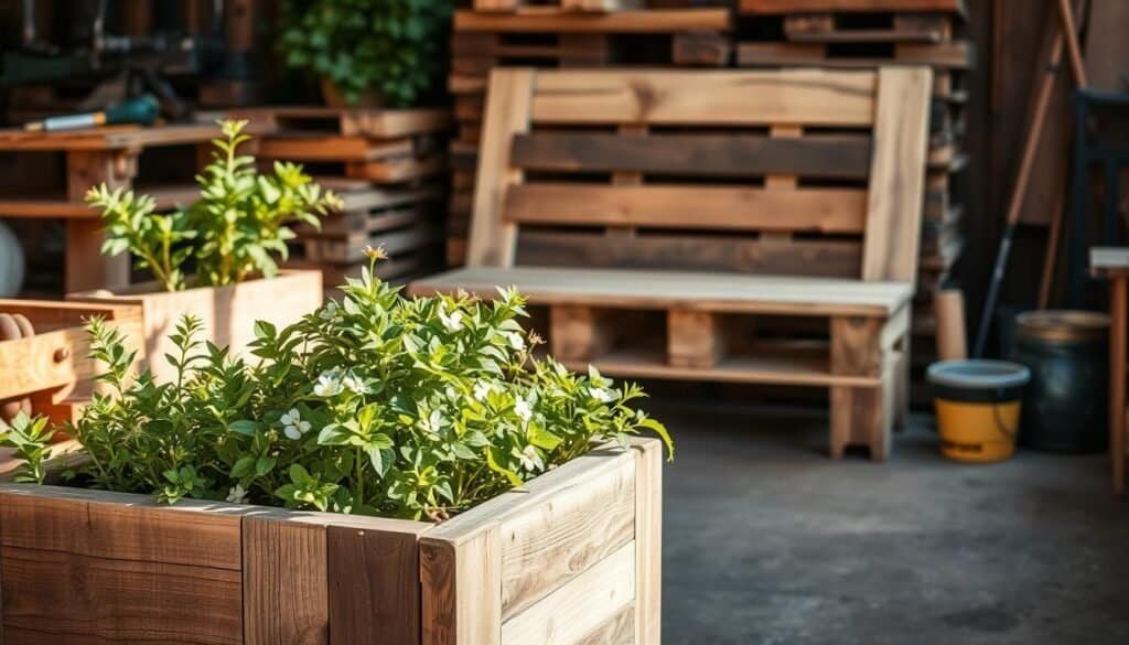 A rustic collection of handcrafted pallet wood projects, showcasing a variety of functional and decorative items. In the foreground, a reclaimed wood planter box overflows with lush greenery, its natural textures and weathered finish evoking a sense of timeless charm. In the middle ground, a sturdy pallet wood bench sits invitingly, its simple yet elegant design complementing the surrounding décor. In the background, a neatly stacked pile of repurposed pallet boards and a selection of woodworking tools suggest the process of creating these unique pieces. Soft, natural lighting casts a warm, inviting glow, highlighting the intricate grain patterns and artisanal craftsmanship. The overall scene exudes a sense of rustic sophistication, inspiring viewers to explore the possibilities of transforming everyday materials into beautiful and practical home accents.